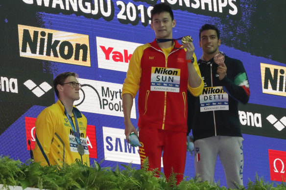 Australian silver medallist Mack Horton refuses to stand on  the dais with gold medallist Sun Yang.
