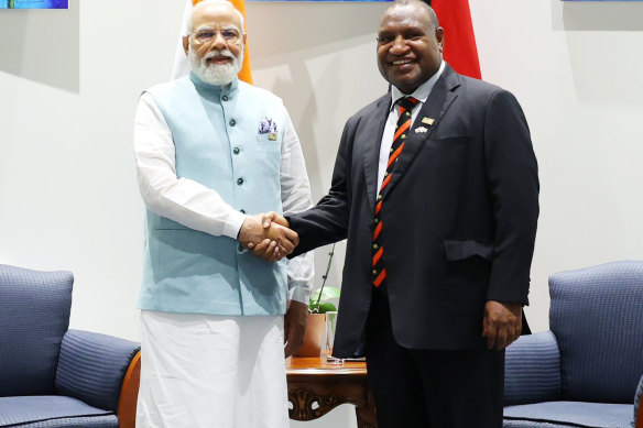 Indian PM Narendra Modi meet PNG PM James Marape in Port Moresby on Monday.