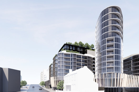 The new building (seen in a side view) will have more parking and one less storey than first proposed.
