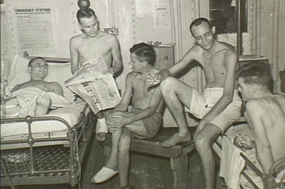On board the hospital ship Tjitjalengka in Yokohama harbour Private (Pte) Peter Ross of St Leonards, Pte Henry Dietz of Rose Bay, Pte Jack Amoore of Albert Park, Vic, (7th Division captured in Java, March 1942); Signalman Henry Sweet of Woollahra, and Signalman Norman Dillon of Bondi Junction.