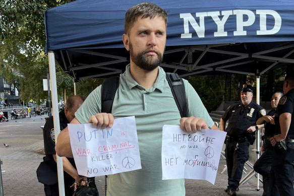 Russian-born Fedor Poliakov, in New York, protesting against Putin’s war.