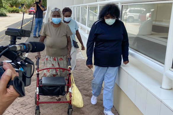 Kumanjayi Walker’s adoptive mother Leanne Oldfield (right) leaving court in Darwin on Thursday.