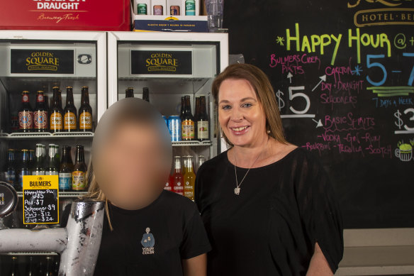 Renee Ferguson, right, working at the Golden Square Hotel in Bendigo in 2020.