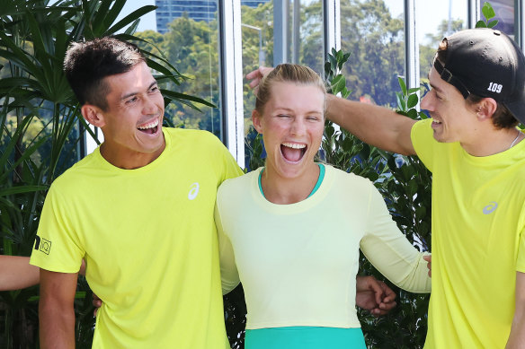 Jason Kubler and Maddison Inglis (left) are dating. They posed together with Australian teammate Alex de Minaur (right) at the launch of the United Cup last week.