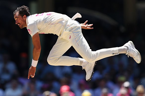 Mitchell Starc in full flight during the fifth Test.