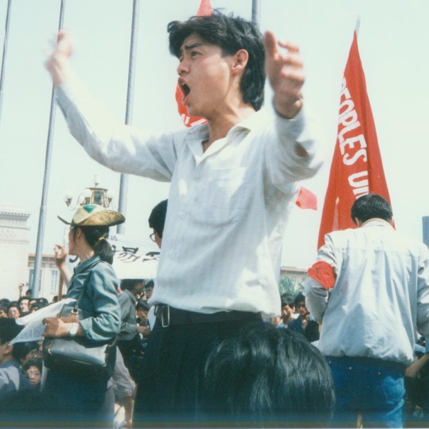 Wu'er Kaixi on the Tiananmen front line in 1989.