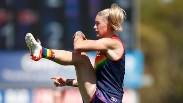 MELBOURNE, AUSTRALIA - JANUARY 22: Tayla Harris of the Demons in action during the 2022 AFLW Round 03 match between the Melbourne Demons and the St Kilda Saints at Casey Fields on January 22, 2022 in Melbourne, Australia. (Photo by Michael Willson/AFL Photos via Getty Images)