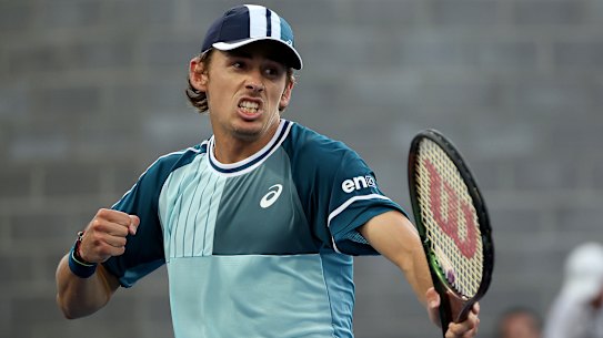 Alex de Minaur celebrates his progression at the US Open.