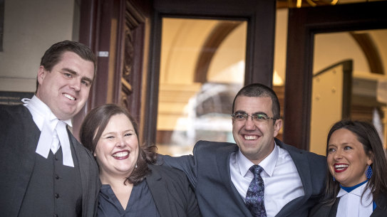Faruk Orman (third from left) on the steps of the Supreme Court with his legal team after his conviction was quashed on Friday.