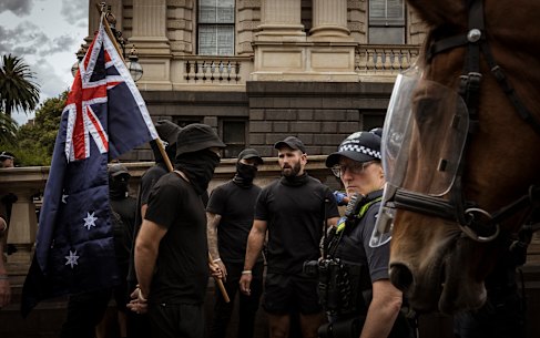 Neo-Nazis led by Thomas Sewell marched on Spring Street on Saturday.