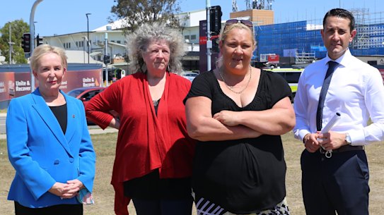 LNP health spokeswoman Ros Bates (left), patients advocate Beryl Crosby, Caboolture Hospital patient Olivia Keating and Queensland Opposition Leader David Crisafulli call for a wider inquiry into Caboolture Hospital.