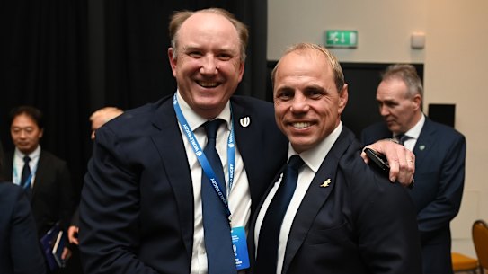 Brett Robinson is congratulated by RA boss Phil Waugh in Dublin after the vote.