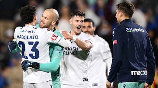 Victory pair Alexander Badolato and Jack Duncan celebrate their win over Auckland.