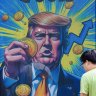 A cartoon image of the US president holding a Bitcoin at a store in Hong Kong. Trump, who used to dismiss crypto assets as a “scam”, is now a convert, even if he hasn’t explained why.