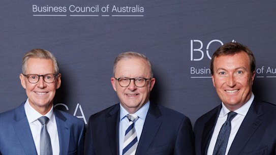 BCA president Geoff Culbert, Prime Minister Anthony Albanese and Bran Black, CEO of BCA, at the Four Seasons Hotel in Sydney on Monday night.
