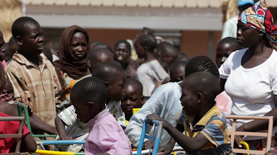Children displaced after attacks by Boko Haram, play in a camp of internal displaced people, in Yola, Nigeria.