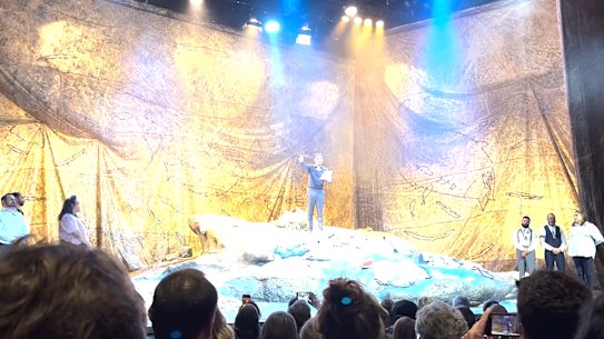 Screen grab of cast of The Visitors making a statement in support of the people of Gaza.