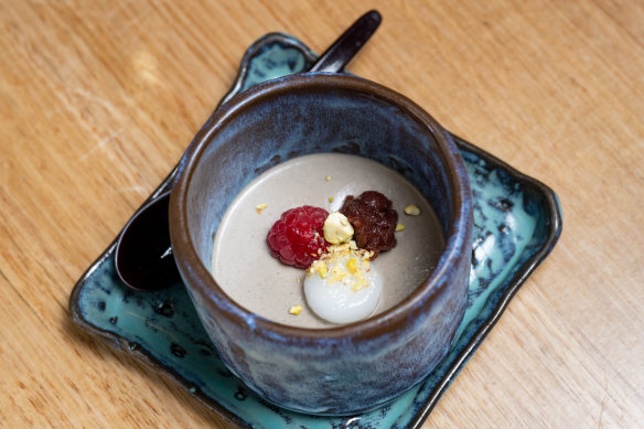 Hojicha pudding with mochi, raspberry and sweet adzuki red bean.