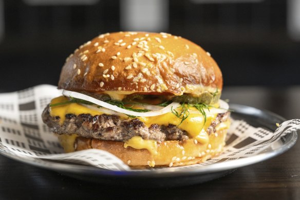 Beef burger with yuzu kosho burger sauce.