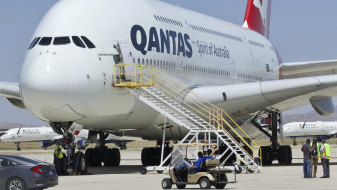 A Qantas Airbus A380 arrives at Southern California Logistics Airport in Victorville.