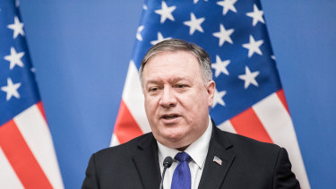 Mike Pompeo, US secretary of state, speaks during a news conference with Peter Szijjarto, Hungary's foreign minister.