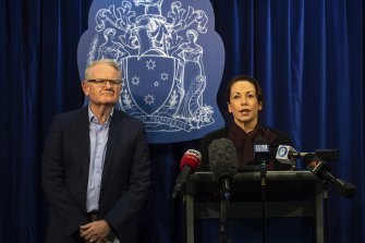 Minister for Emergency Services Jaclyn Symes and ESTA chief executive Stephen Leane address the media on Thursday.