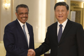 Tedros Adhanom Ghebreyesus, director-general of the World Health Organisation with Chinese President Xi Jinping before a meeting in Beijing.