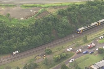 The train and the truck collided on Friday afternoon.