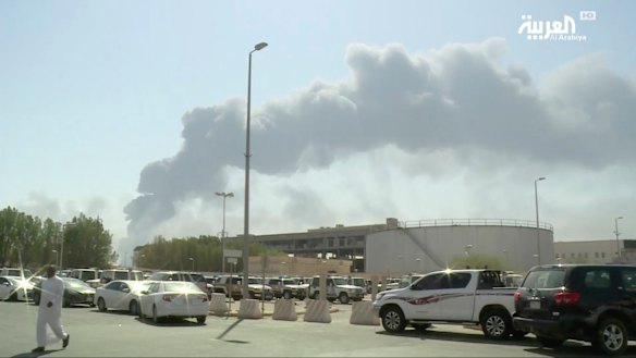An image made from a video broadcast on the Saudi-owned Al-Arabiya satellite news channel showing smoke from a fire at the Abqaiq oil processing facility.