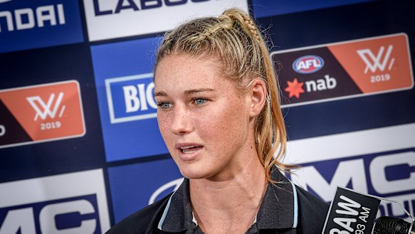Carlton AFLW Tayla Harris speaking at a press conference about social media comments.