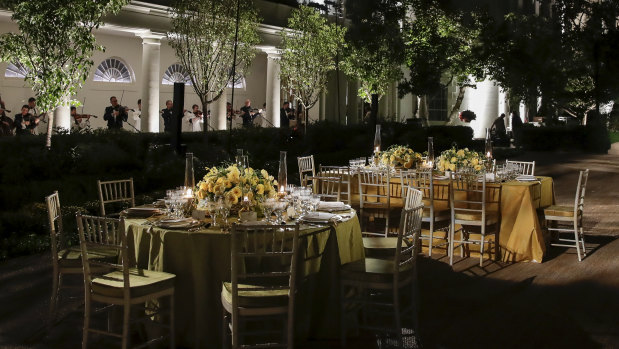 A preview of the table settings for the state dinner hosted by US President Donald Trump and Melania Trump in the Rose Garden of the White House.