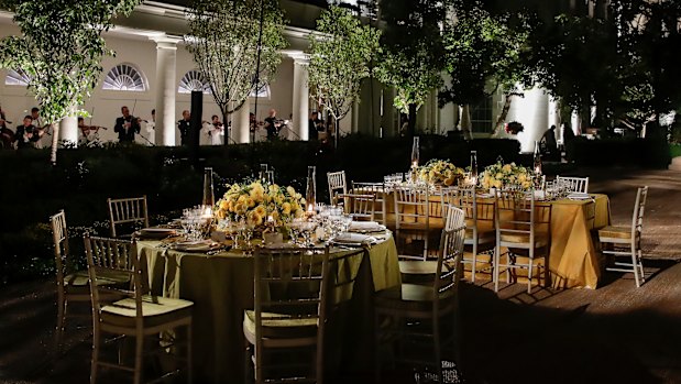 A preview of the table settings for the state dinner hosted by US President Donald Trump and Melania Trump in the Rose Garden of the White House.