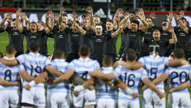 New Zealand perform the haka before smashing Argentina in Hamilton.