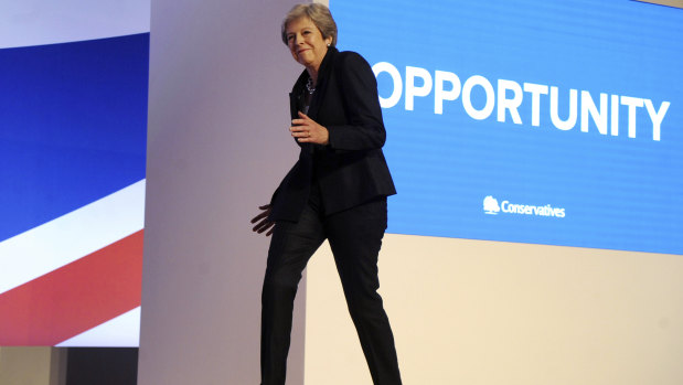 British Prime Minister Theresa May danced her way on stage to ABBA.