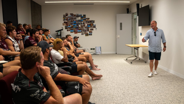 Craig Field speaking to Manly players.