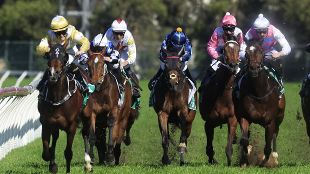Riduna (far left) scores for jockey Rachel King as Hugh Bowman was asked by stewards to explain his ride on Frumos (white with red star).