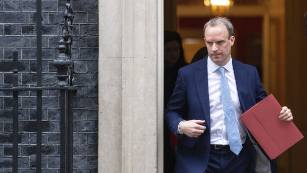 Britain's Foreign Secretary Dominic Raab leaves a meeting in Downing Street, London.