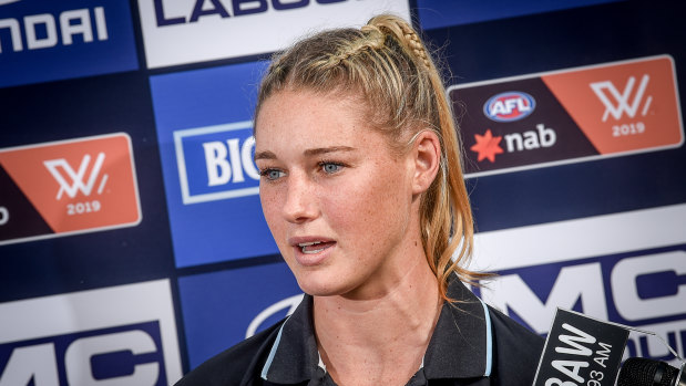 Tayla Harris speaking at a press conference last week.