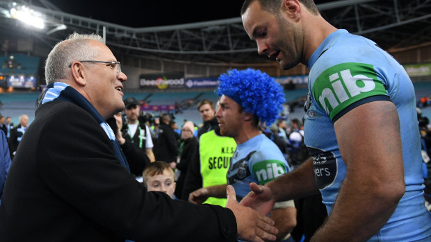 Prime Minister Scott Morrison congratulates Boyd Cordner after NSW secured back-to-back Origin triumphs.