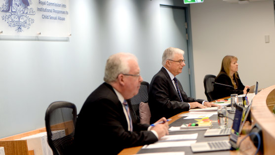Commissioners Robert Fitzgerald, Justice Peter McClellan and Commissioner Helen Milroy at the Royal Commission into Institutional Responses to Child Sexual Abuse in October 2016.