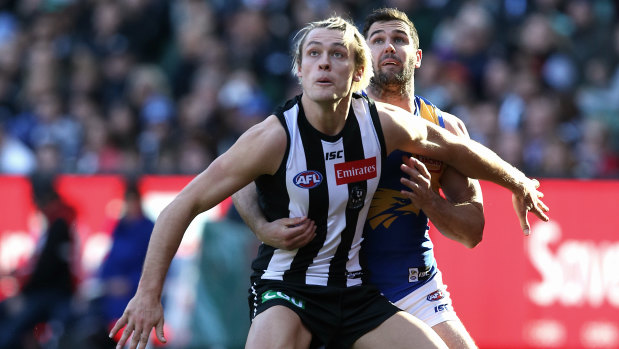 Moore to give: Magpie big man backs up his good early-season form with a solid display in defence against the Eagles.