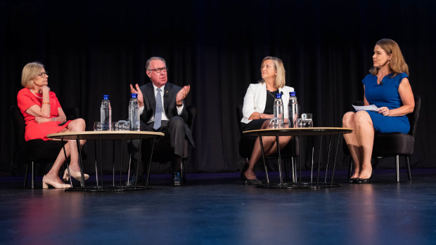 From left, former CEO of the Australian Industry Group Heather Ridout, ANZ Bank chairman David Gonski, independent director of BlueScope Penny Bingham-Hall, and Ticky Fullerton, of Sky News Business Channel at the Australian Institute of Company Directors’ conference yesterday.