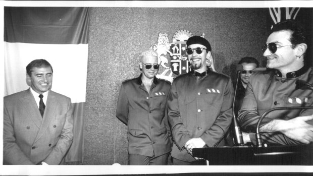 The members of U2 meet then NSW Premier John Fahey in 1993. Bono gave him a new pair of his wraparound sunglasses.