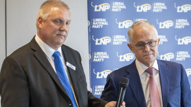 Malcolm Turnbull at the Sandstone Point Hotel Seniors Forum with Longman candidate Trevor Ruthenberg on June 7.