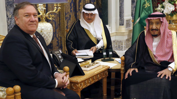 US Secretary of State Mike Pompeo, left, meets Saudi Arabia's King Salman in Riyadh, Saudi Arabia. 