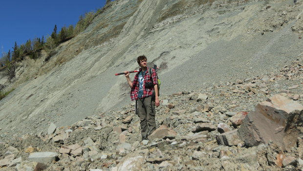 Mr Bobrovskiy searches for fossils in the Zimnie Gory locality, Russia.