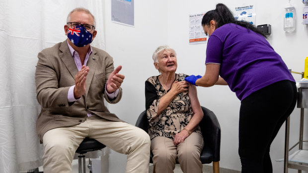 Then prime minister Scott Morrison with Jane Malysiak, the first person to receive a COVID-19 vaccine in Australia.