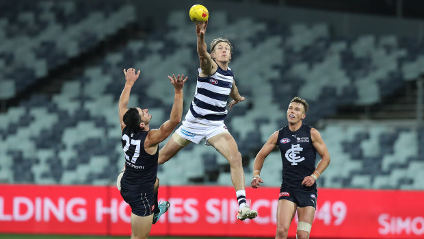 The big man flies: Rhys Stanley in action for Geelong against Carlton in round 3.