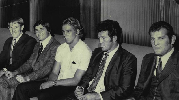 Neville Hornery (far right) during another trip to the league judiciary, when he was one of 11 players sent off in the opening round of the 1971 competition. Also pictured: Geoff Starling (Balmain), Peter Brown (Souths), John Grew (Norths) and Ross Warner (Norths).