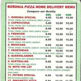 The menu from Tony Mokbel’s pizza parlour.